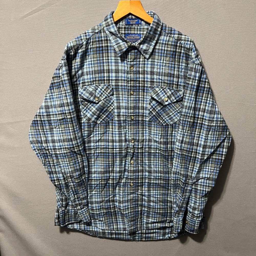 Pendleton Tracker Shirt Mens Large Blue Grey Plaid Cotton Flannel Button Down